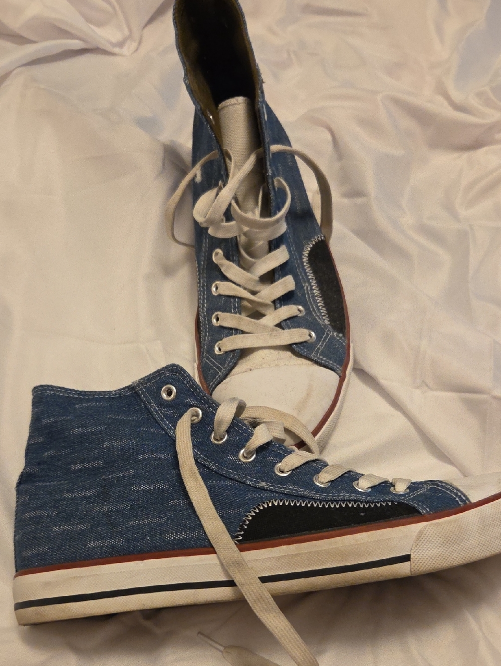Denim High-Top Sneakers in Blue and White